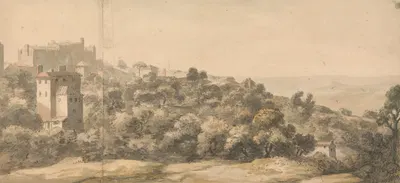 An Italian Landscape; village on a hill left, hillside sloping towards right, with distant valley beyond by William…