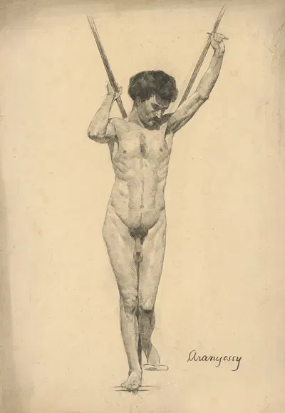 Štúdia aktu muža so zdvihnutými rukami by Ákos Aranyossy, 1888–1893 — digital art print download