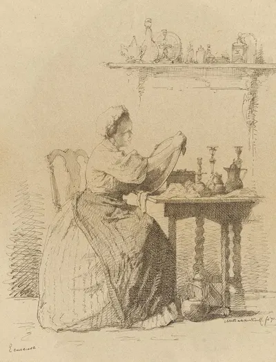 Dienstmeisje dat aan tafel zit te poetsen. by Александр Хуго Баккер Корфф, 1871 — digital art print download