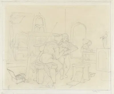Middeleeuws atelier met schilder en zijn helpers by Александр Хуго Баккер Корфф, 1834 - 1882 — digital art print download
