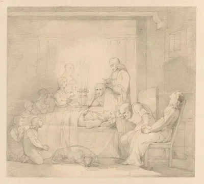 Scène uit een middeleeuws verhaal; rouwdienst bij het in het huis opgebaarde lichaam by Александр Хуго Баккер Корфф, 1834 -…