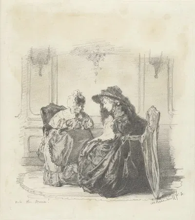 Twee zittende vrouwen met elkaar in gesprek by Alexander Hugo Bakker Korff, 1881 — digital art print download