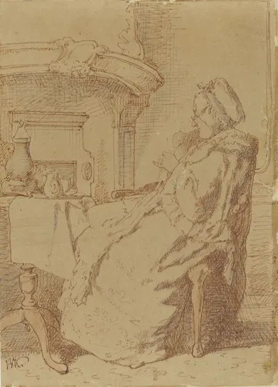 Zittende, breiende oude vrouw aan een tafel by Александр Хуго Баккер Корфф — digital art print download