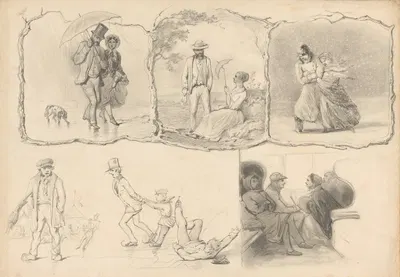 Schetsblad met diverse studies, onder andere van ijspret by August Allebé, 1848 - 1927 — digital art print download