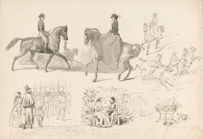 Schetsblad met diverse studies, onder andere van paardensport by Огюст Аллебе, 1848 - 1927 — digital art print download