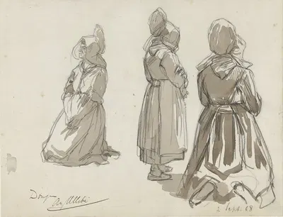 Studies van een knielende en staande boerin by Огюст Аллебе, 1868 — digital art print download