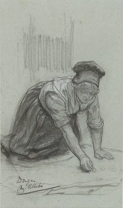 Vrouw op haar knieën, bezig met schoonmaken by Огюст Аллебе, 1848 - 1907 — digital art print download