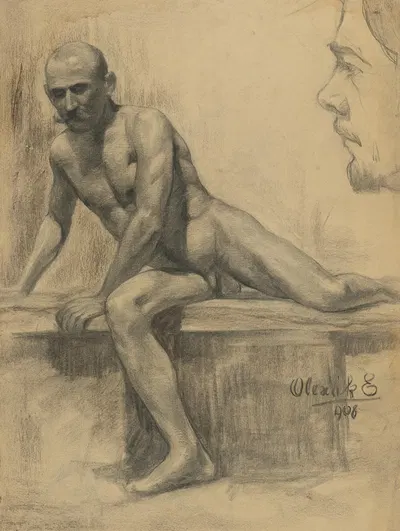 Štúdia sediaceho mužského aktu by Эмиль Алексай-Олекшак, 1908 — digital art print download