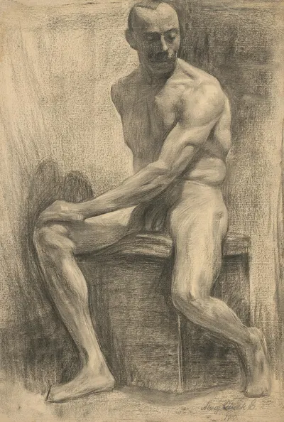Štúdia sediaceho mužského aktu by Emil Alexay-Olexák, 1910 — digital art print download