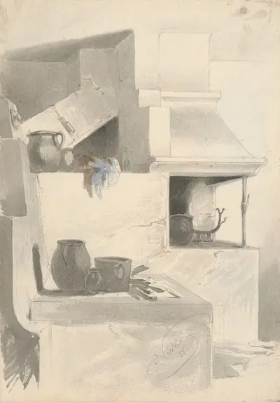 Sketch of Fireplace with Kitchen Utensils by Фридрих Карл фон Шейдлин — digital art print download