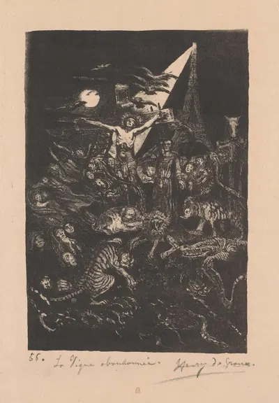 Christus aan het kruis omringd door figuren en dieren met op de achtergrond de Eiffeltoren by Генри де Гру, 1877 - 1930 —…