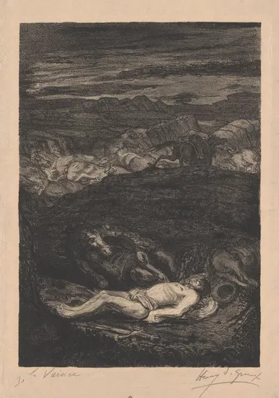 Тело человека в пейзаже с лошадями by Генри де Гру, 1877 - 1930 — digital art print download