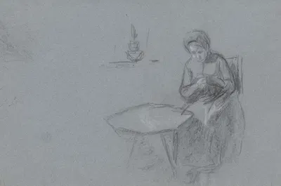 Handwerkende vrouw aan een tafel by Jan Veth, 1874 - 1925 — digital art print download