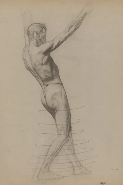 Staand mannelijk naakt met opgeheven armen, naar rechts by Jan Veth, 1874 - 1925 — digital art print download