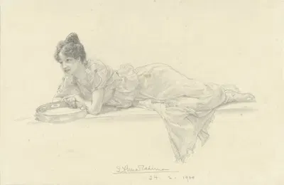 Liggende vrouw met tamboerijn by Лоуренс Альма-Тадема, 1900 — digital art print download