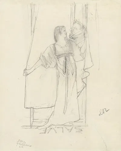 Staande vrouw sprekend met man achter gordijn by Лоуренс Альма-Тадема, 1879 — digital art print download