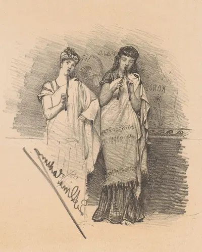Twee vrouwen blazen op fluiten by Лоуренс Альма-Тадема, 1871 — digital art print download
