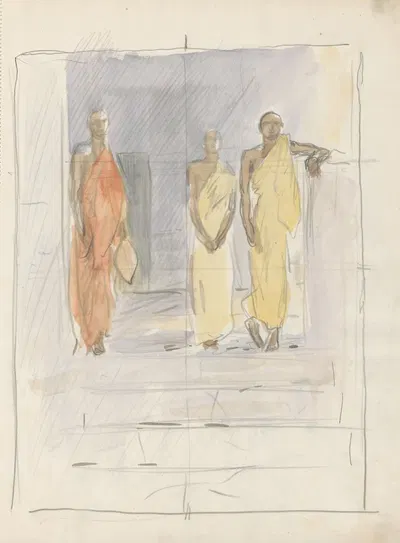 Drie monniken bovenaan een tempeltrap by Мариус Бауэр, 1931 — digital art print download