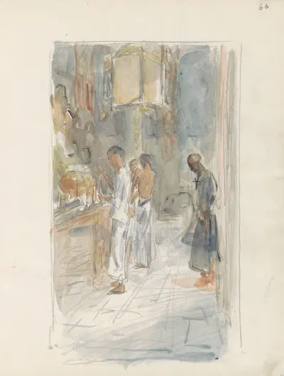 Mannen die kaarsen branden bij een altaar by Мариус Бауэр, 1931 — digital art print download