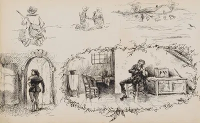 Studieblad, onder andere met een vioolspelende man by Мариус Бауэр, 1880 — digital art print download