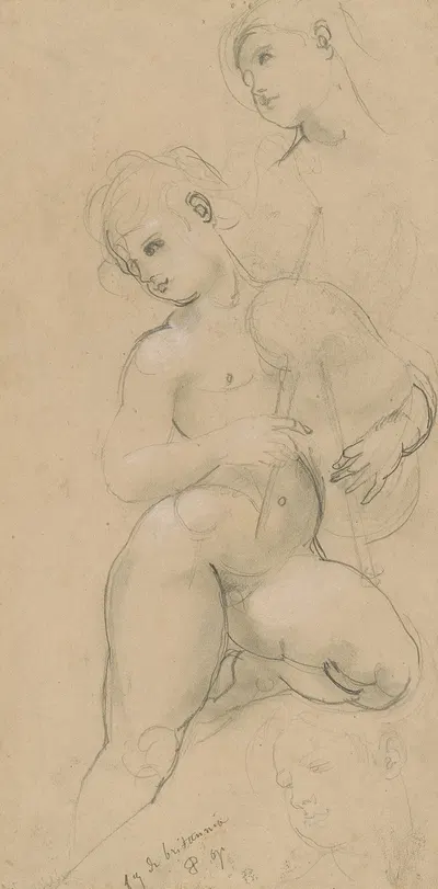 Three Studies of a Nude Holding a Bagpipe by Поль-Жак-Эме Бодри, 1864-1866 — digital art print download