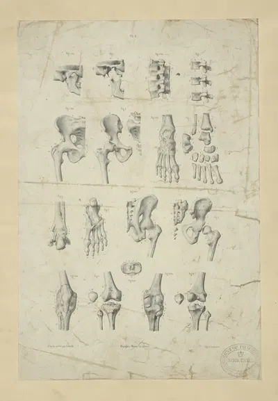 Several views of bones of pelvis, knee, and foot by M.A. Nattali, 1833 — digital art print download