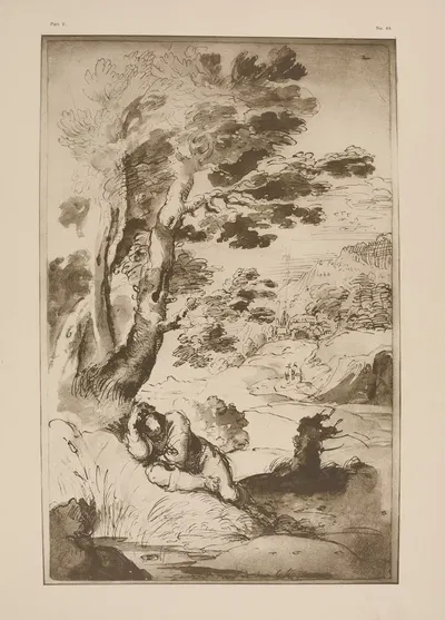 Annibale Carracci – Man sleeping on bank of pool by P. & D. Colnaghi, 1900 — digital art print download