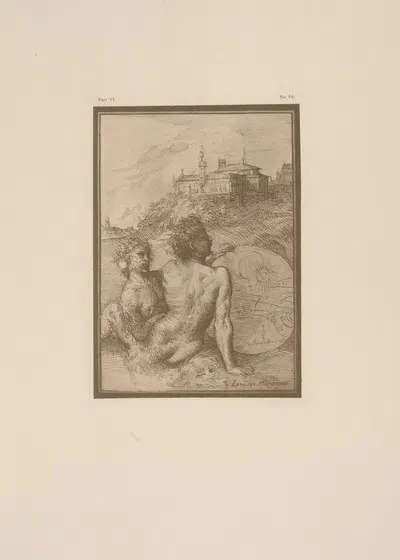 Drawing of two nude figures in a landscape by P. & D. Colnaghi, 1900 — digital art print download