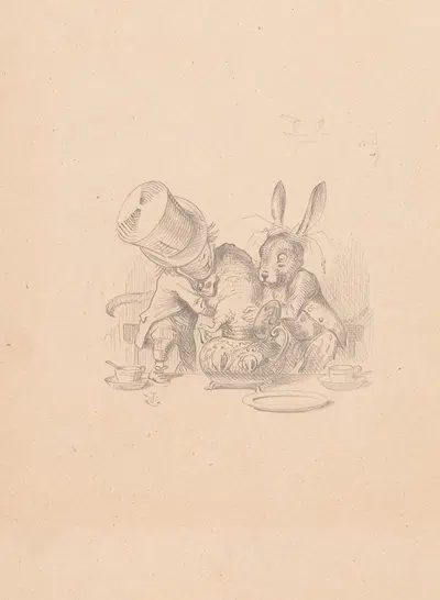 Drawing of Hatter and March Hare putting dormouse in teapot by Сэр Джон Тенниел, 1866 — digital art print download