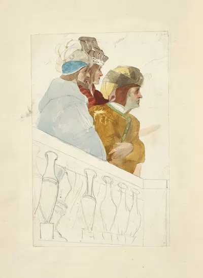 Three men behind a balustrad by Stewart Watson, 1840 — digital art print download