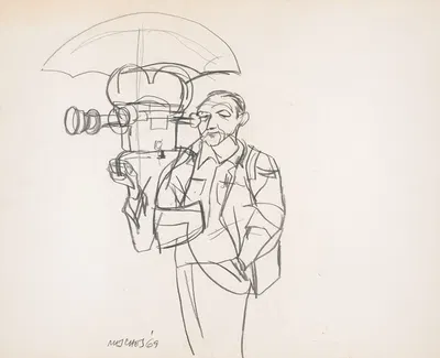 Television news cameraman with umbrella over the camera during the Pueblo hearings in Coronado, California by Арнольд…