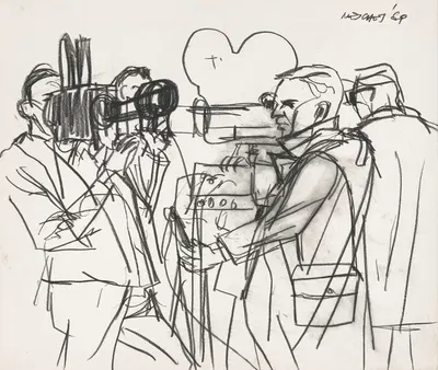 Sketches of television news camermen outdoors during the Pueblo Incident hearings in Coronado, California by Арнольд Мешес,…