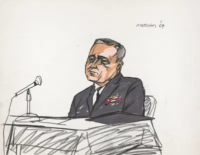 Captain Clark of the Pueblo's sister ship testifying during the first week of the hearings by Арнольд Мешес, 1969 — digital…