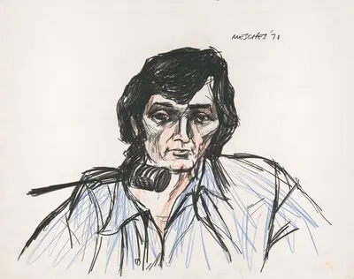 Charles Manson testifying during a trial for the Sharon Tate and the LaBianca murders by Арнольд Мешес, 1970 — digital art…