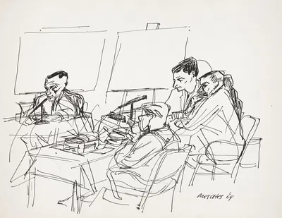 Captain Lloyd M. Bucher, emaciated after eleven months of imprisonment in North Korea, testifying at the court of naval…
