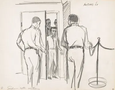 Sirhan B. Sirhan entering a courtroom, possibly for arraignment, for the assassination of Democratic Party presidential…