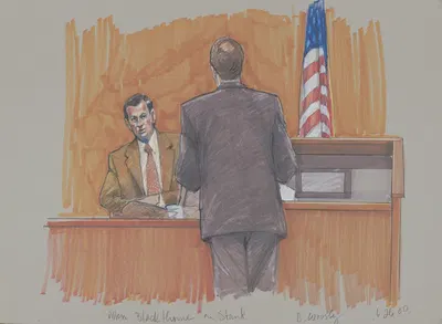Allen Blackthorne on the stand during his trial for conspiracy in the homicide of his wife by Brigitte Woosley, 2000 —…