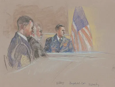 Military personnel including John Billings, seated during court martial of Bowe Bergdahl, Fort Sam Houston, San Antonio,…
