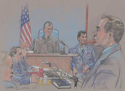 Defendant James Wang, judge, lawyer and others during Wang's court-martial on charges of friendly-fire in Iraq by Brigitte…