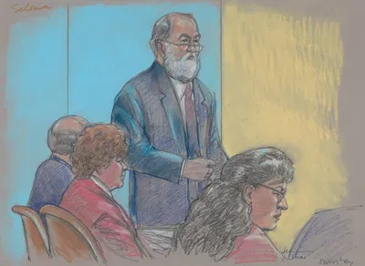 Lawyer speaking in front of others during the trial of Genene Jones for the murder of a child by Brigitte Woosley, 1984 —…