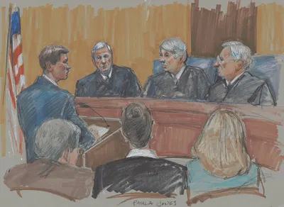 Lawyer speaking in courtroom during case brought by Paula Jones against Bill Clinton by Brigitte Woosley, 1994 — digital…