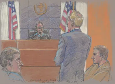 Timothy McVeigh with his lawyer before judge during his pre-trial hearing for his role in the Oklahoma City Bombing by…