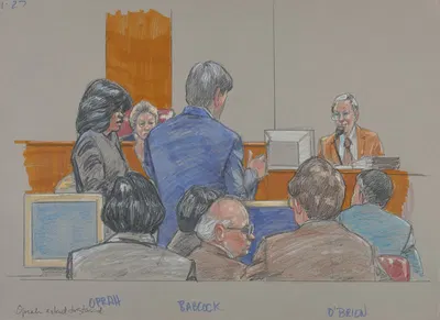 Oprah Winfrey standing as her attorney, Charles Babcock, questions plaintiff Bill O'Brien on the witness stand while the…