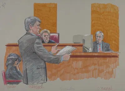 Oprah Winfrey watches as her attorney, Charles Babcock, questions plaintiff Bill O'Brien on the witness stand by Brigitte…