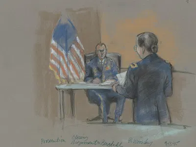 Prosecution lawyer giving the closing argument during the court martial of Bowe Bergdahl, Fort Sam Houston, San Antonio,…