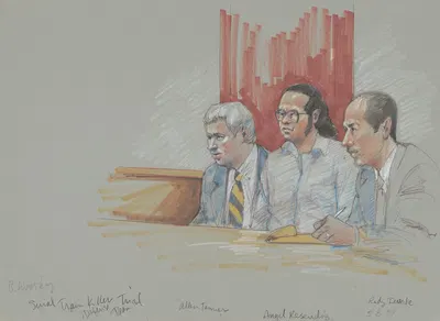 Serial train killer trial defense team, Allen Tanner, Angel Reséndiz, Rudy Duarte by Brigitte Woosley, 2000 — digital art…