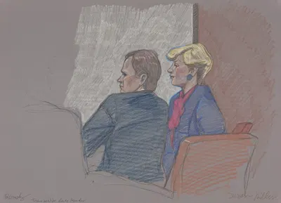 Woman and man seated at an unidentified trial, possibly related to Texas v. Sue O. Miller, a child kidnapping case by…