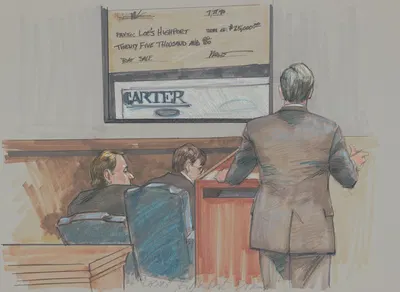 Trial of Blume Loe who was charged with defrauding the government. by Brigitte Woosley, 1998 — digital art print download