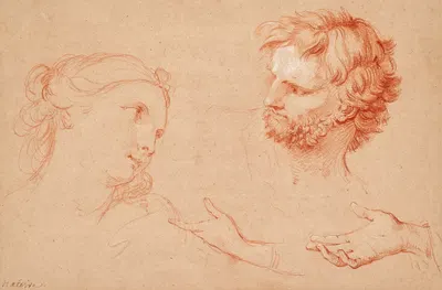 Studies of the heads of a woman and of a bearded man and studies of hands by Шарль-Жозеф Натоир — digital art print download