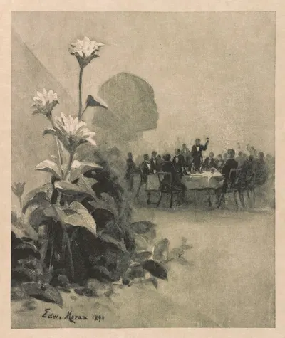 Lotus flowers in front of men dining at the Lotos Club, 149 Fifth Avenue, New York City by Эдвард Перси Моран, 1890 —…